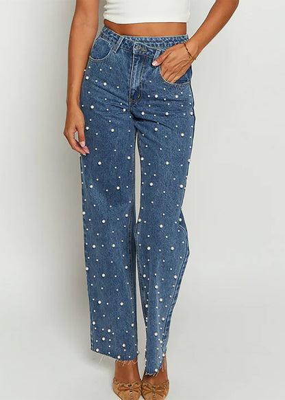 Pearl-Detail Straight-Cut Denim Pants