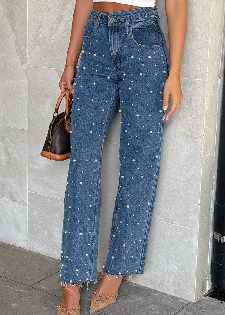 Pearl-Detail Straight-Cut Denim Pants