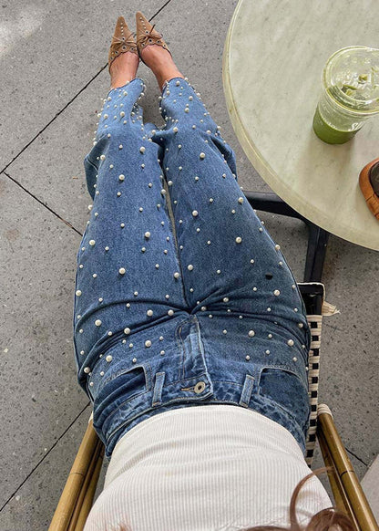 Pearl-Detail Straight-Cut Denim Pants