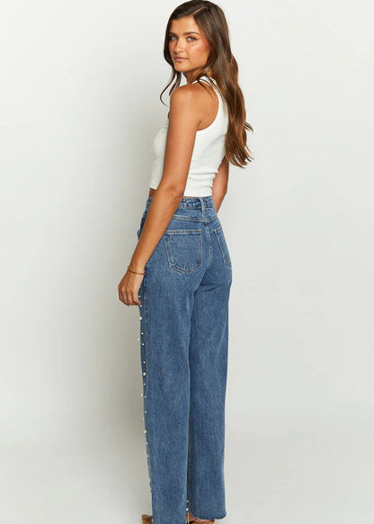 Pearl-Detail Straight-Cut Denim Pants