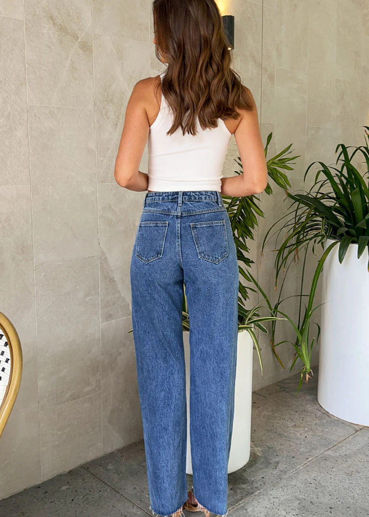 Pearl-Detail Straight-Cut Denim Pants