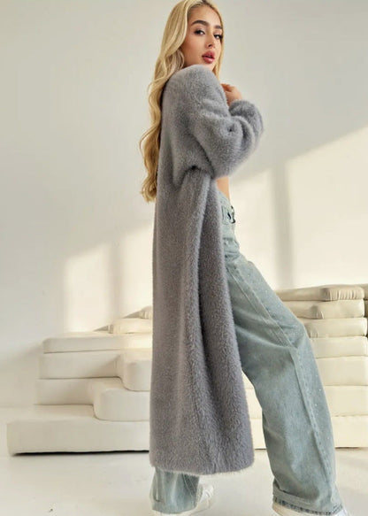 Grey Faux Fur Long Cardigan