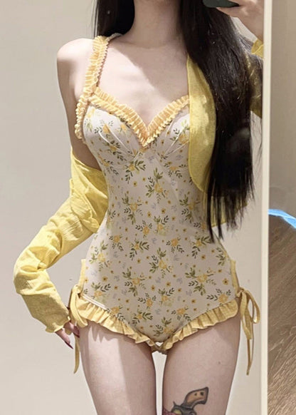 Beautiful Yellow Print Smock And Bodysuit Lingerie Set