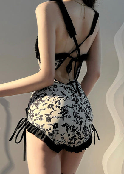Boho Apricot Print Ruffled Tie Waist Bodysuit