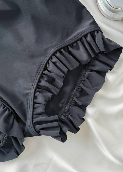 Chic Black Ruffled Tulle Patchwork Hollow Out Bodysuit