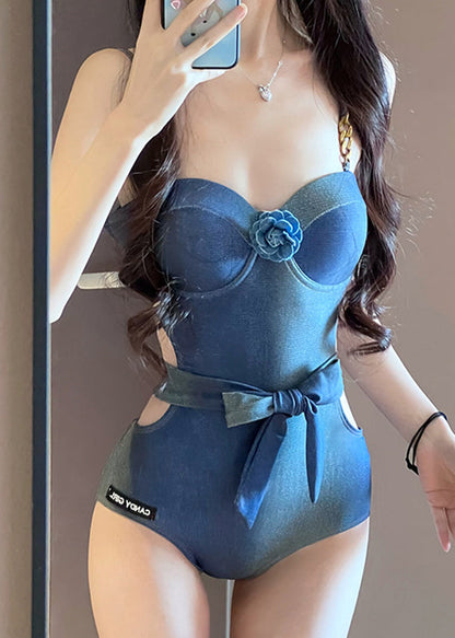 Elegant Blue Floral Bow Solid Denim Bodysuit