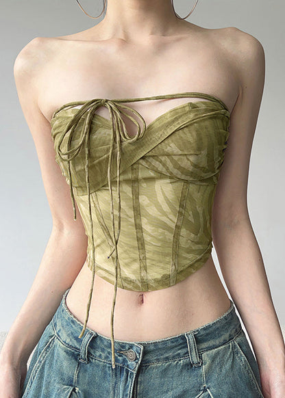 Hot Light Green Tie Waist Tulle Tops Summer