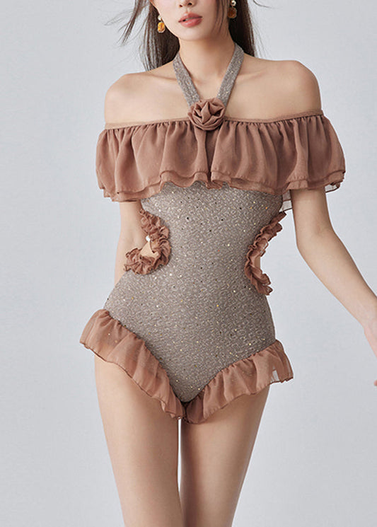 Style Coffee Ruffled Patchwork Sequins Bodysuit
