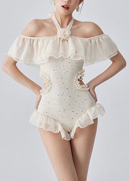 Style Coffee Ruffled Patchwork Sequins Bodysuit