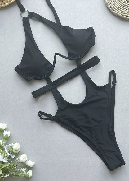 Trendy Black Asymmetrical Hollow Out Bodysuits